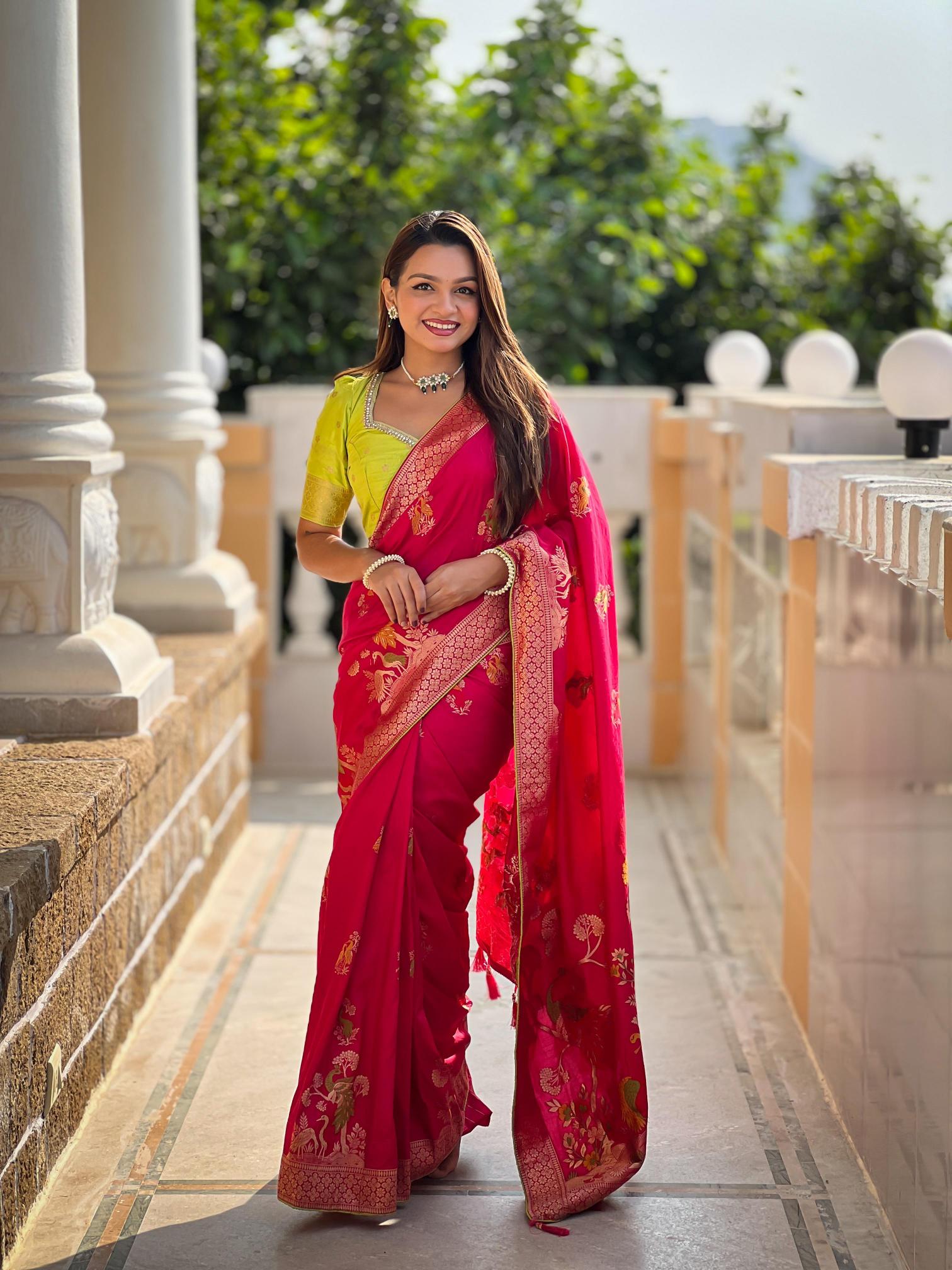 Dolla morni viscose dolla silk meenakari contrast blouse wholesale saree market in surat with price