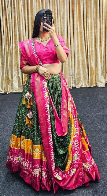 Ekta bandhni Green Tussar Silk Wedding lehenga choli suppliers in Delhi