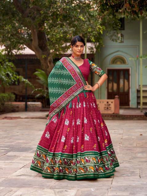 Ekta bandhni Maroon Tussar Silk Lehenga choli factory in Delhi