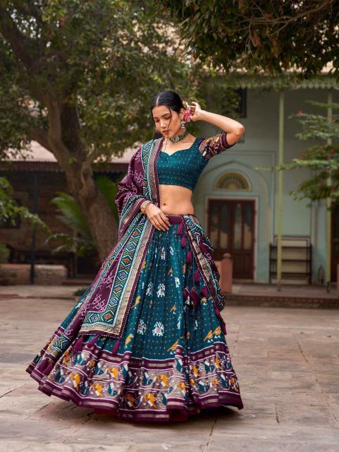 Ekta bandhni Musterd Green Tussar Silk Lehenga choli exporters in Delhi