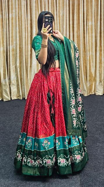 Ekta bandhni Red Tussar Silk Customized lehenga choli manufacturers in Delhi