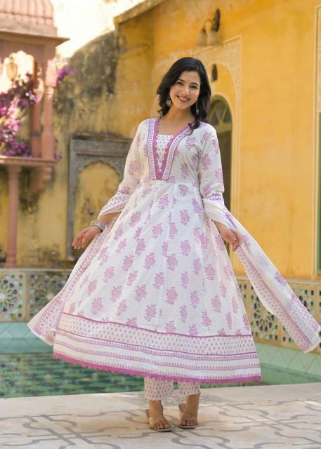 Full printed 3 pcs anarkali set cotton top bottom dupatta premium kurti brands