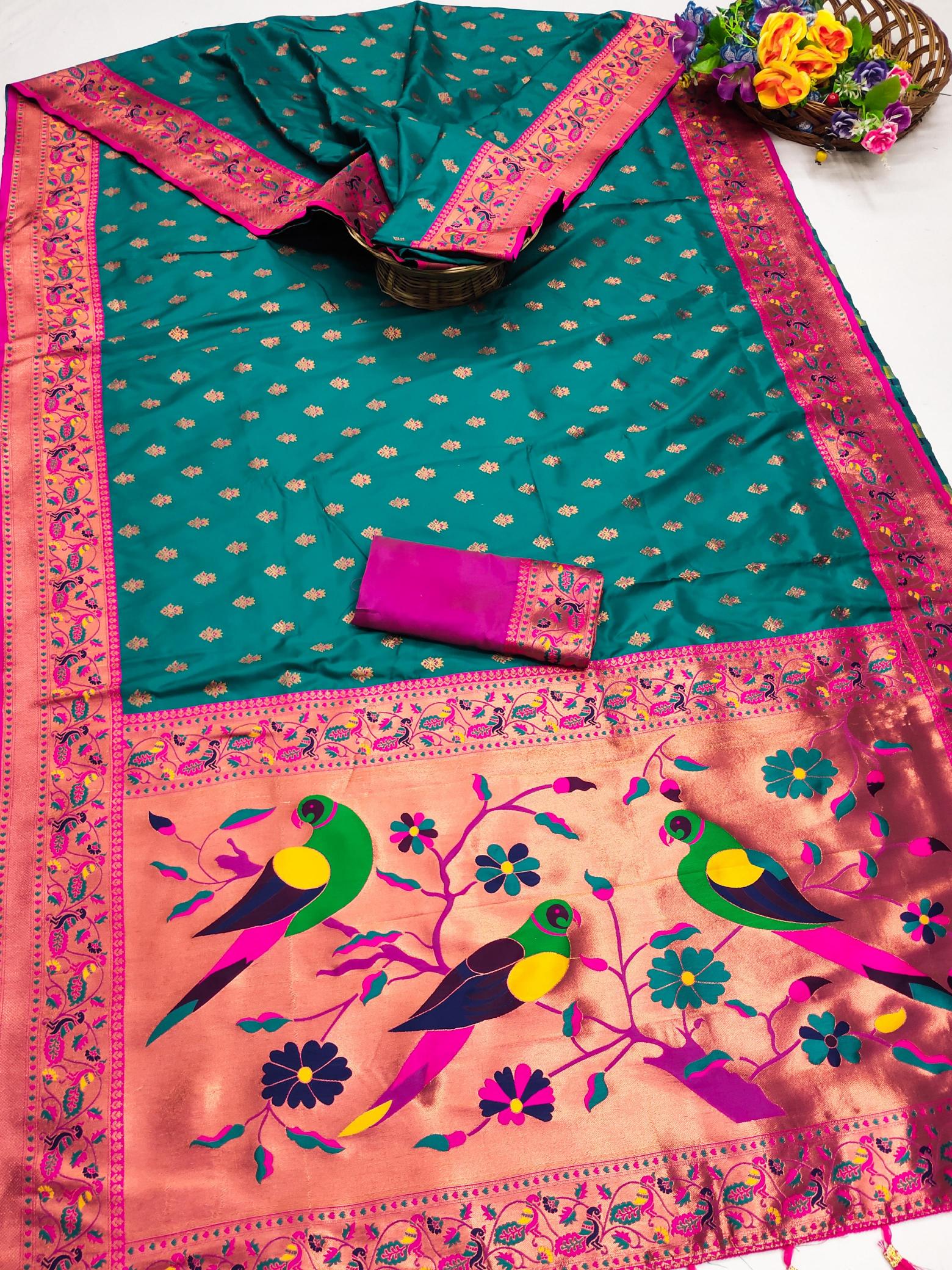 Gangotri paithani soft silk meenakari contrast blouse wholesale saree market in surat with price