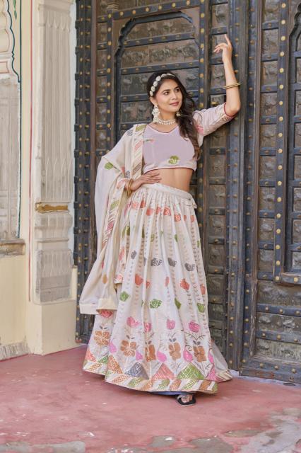 Hand print Vichitra White Lehenga choli wholesale shop