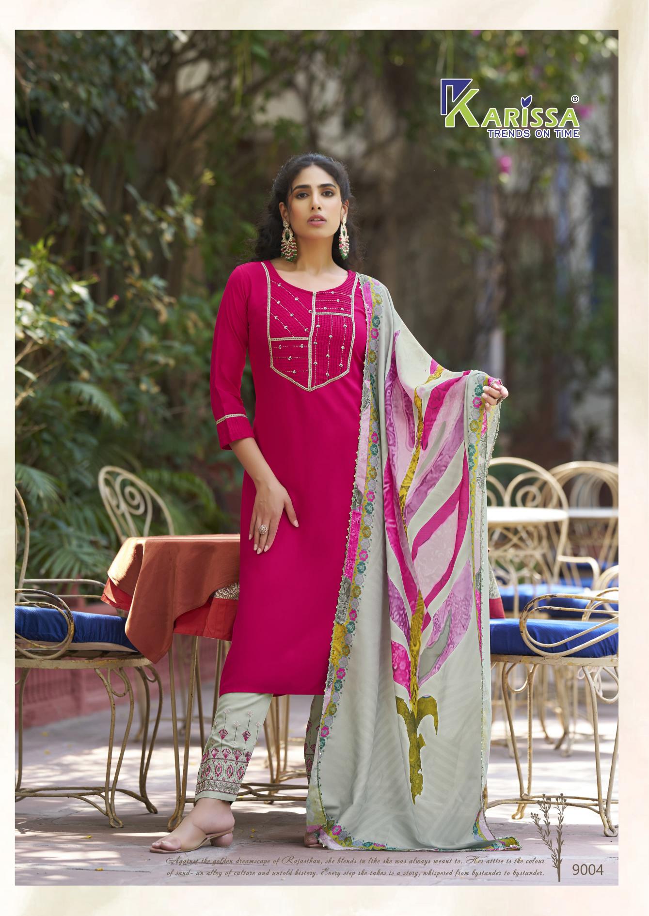 Karissa vidisha vol 9 liva rayon top bottom dupatta kurti set manufacturer