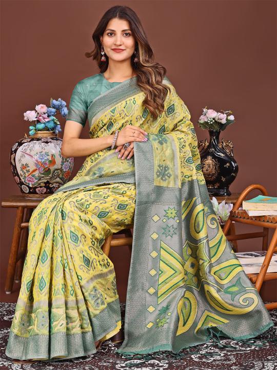 KRITIKA by astita fancy designer linen Cotton fabric saree wholesale with fancy latkan with patola style