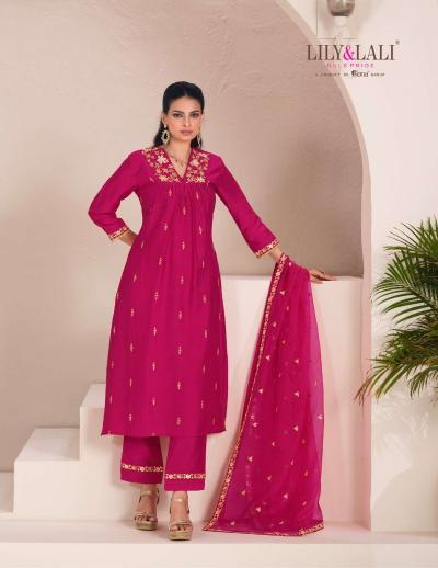 Lily & lali zari cotton viscose fabrics top bottom dupatta kurti set manufacturer