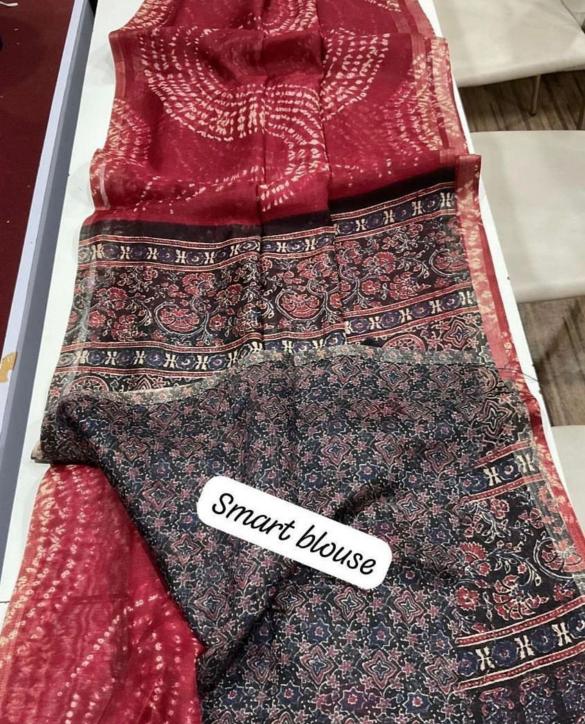 Linen digital print saree & ajrakh pallu with blouse surat sarees wholesale