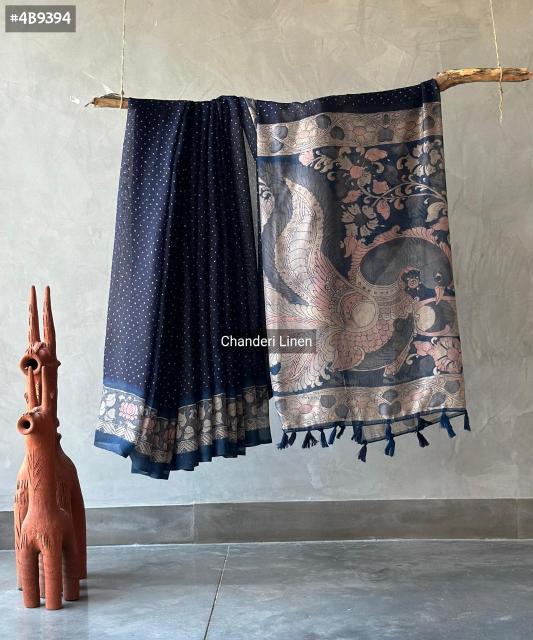 Linen digital print saree with ajrakh print pallu & blouse surat sarees wholesale