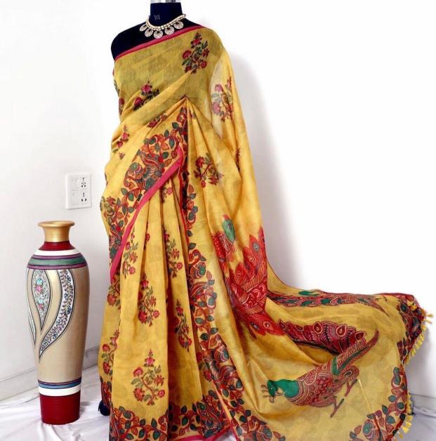 Linen digital print saree with blouse wholesale saree market in surat with price