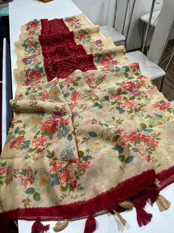 Linen digital print saree with floral printed blouse saree wholesale market surat