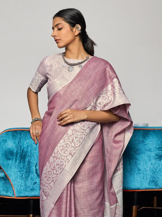 LINEN LOOMS by astita fancy designer linen fabric saree with Lakhnavi Bordar wholesale saree with latkan 