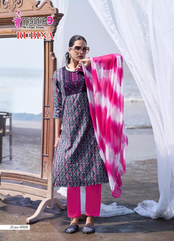Mystic9 rubina vol 9 rayon dull patta top bottom dupatta premium kurti manufacturer