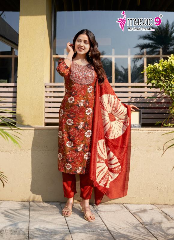 Mystic9 sabri vol 6 rayon foil print top bottom dupatta kurti manufacturer in india
