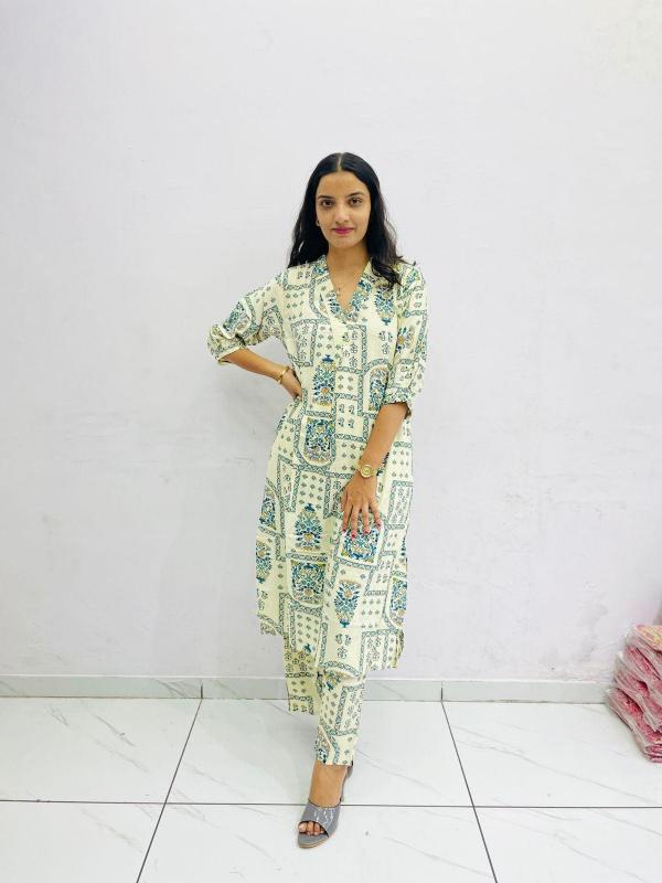 New printed reyon top pant designer kurti manufacturer