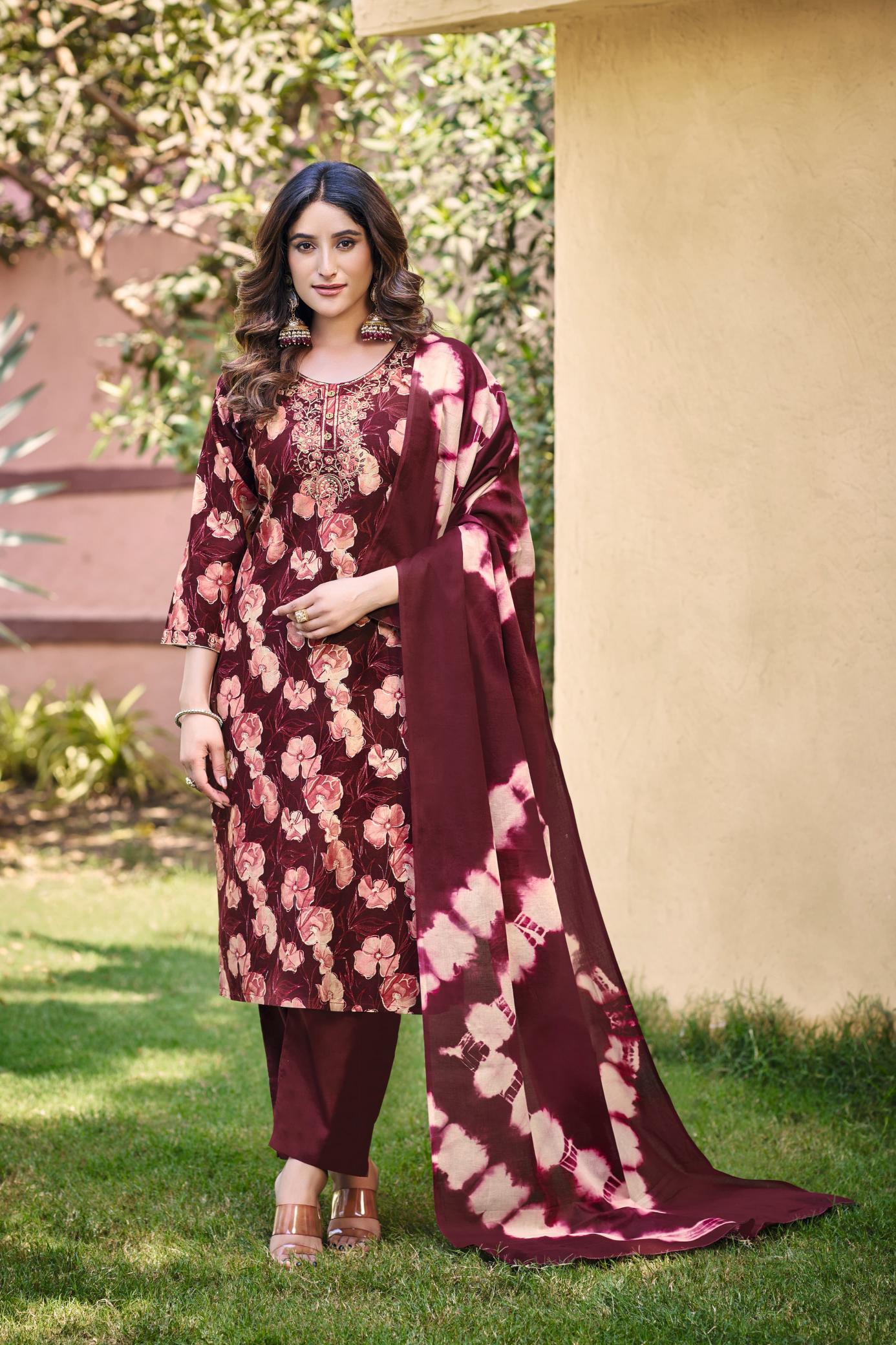 Ossm sunshine cotton flex discharge print top bottom dupatta kurti set manufacturer