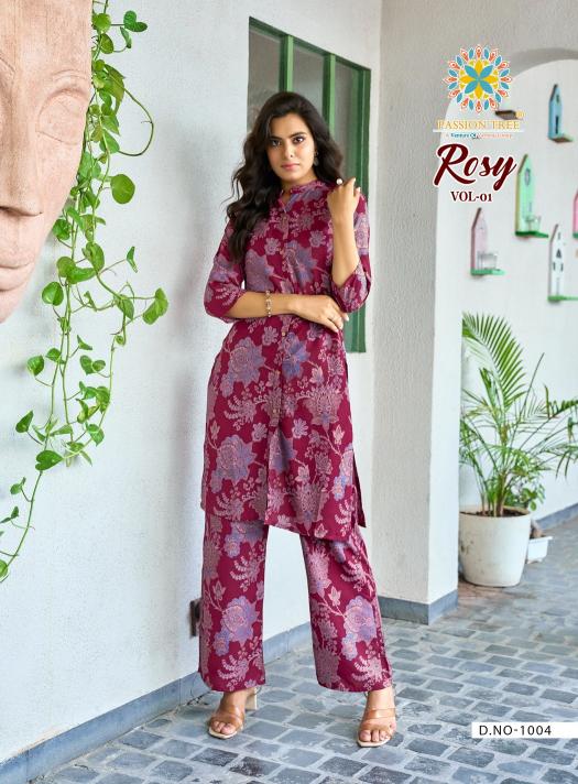 Passion tree rosy vol 1 printed reyon coord set branded kurtis wholesale