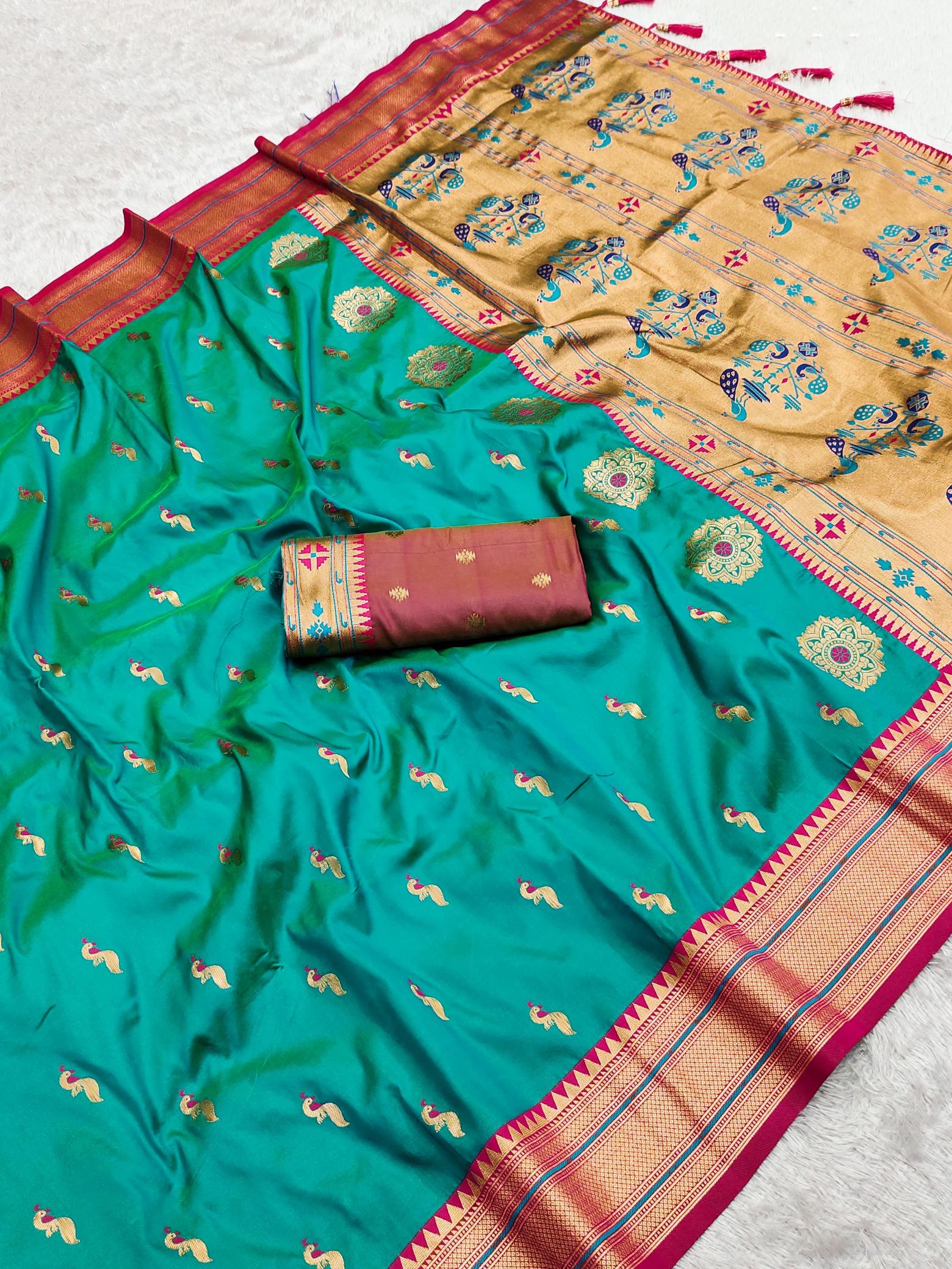 Peacock paithani soft silk saree & rich pallu with contrast blouse sarees wholesale online shopping