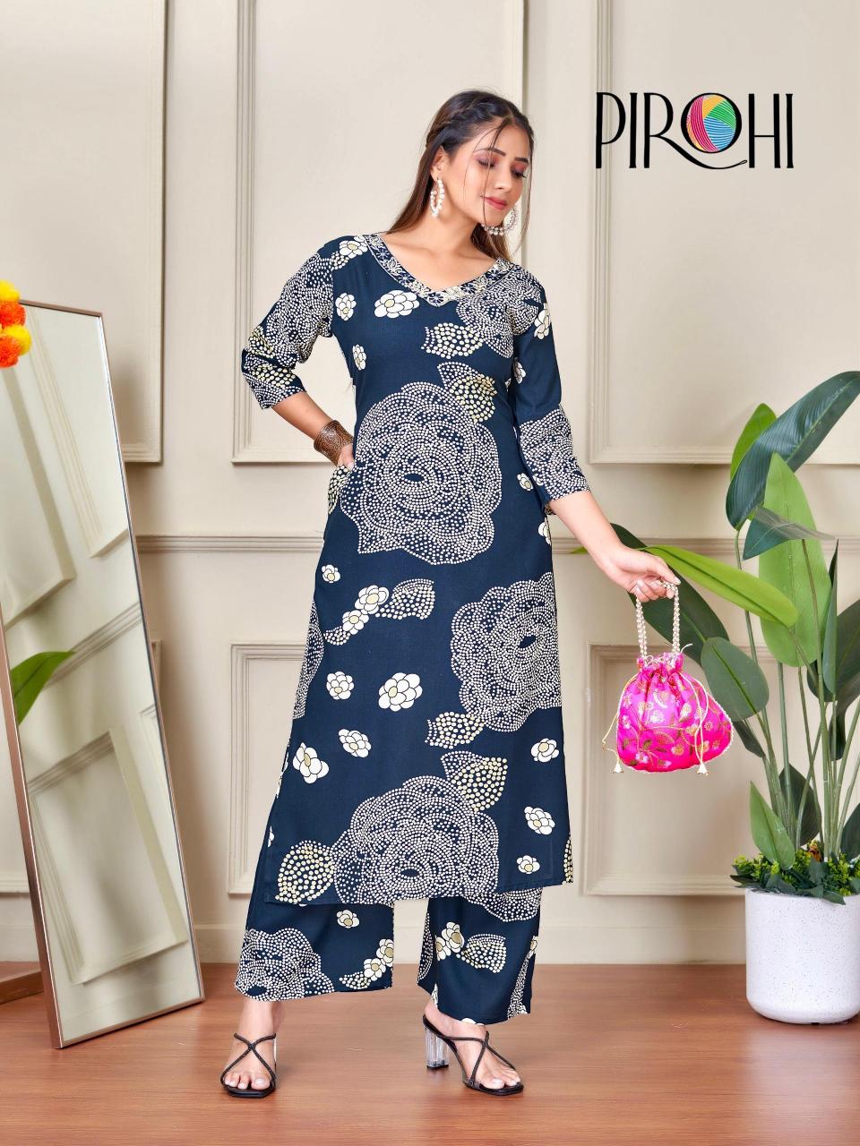 Pirohi kanchi rayon prints coord set branded kurtis wholesale
