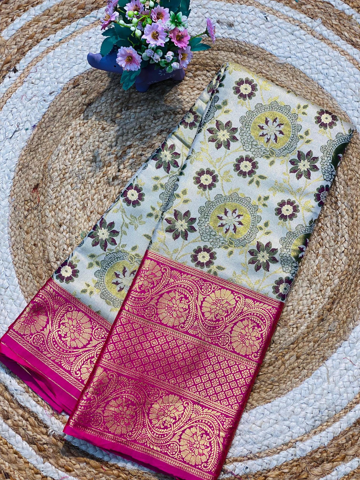 Pushpa-vol-4 kanjivaram semi silk contrast khaddi border wholesale sarees in surat with low price