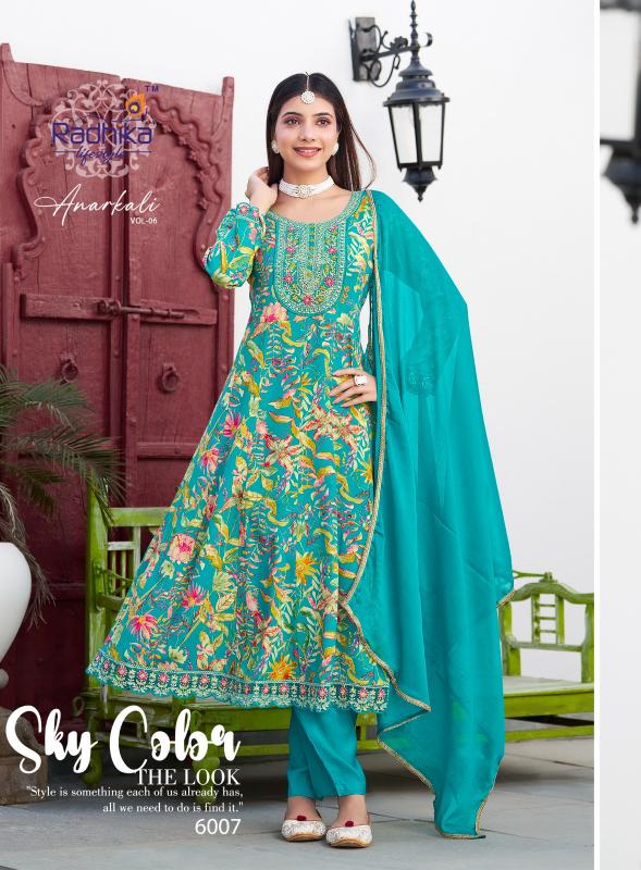 Radhika lifestyle anarkali vol 6 reyon foil print top bottom dupatta kurtis manufacturer