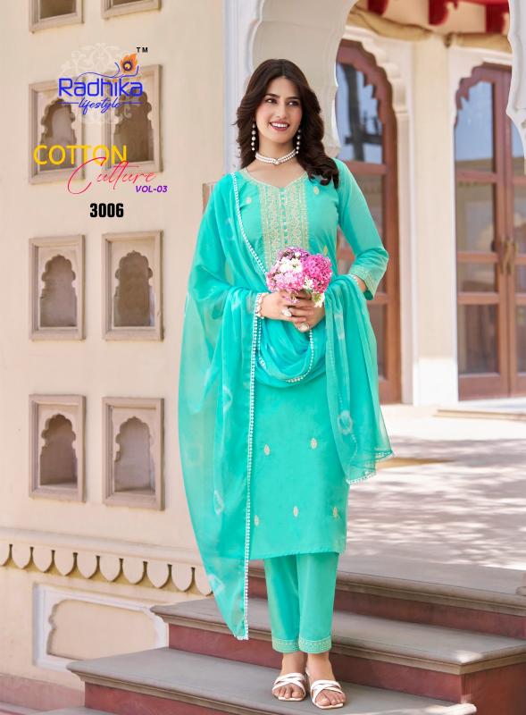 Radhika lifestyle cotton culture vol 3 pure cotton top bottom dupatta ladies kurti manufacturers