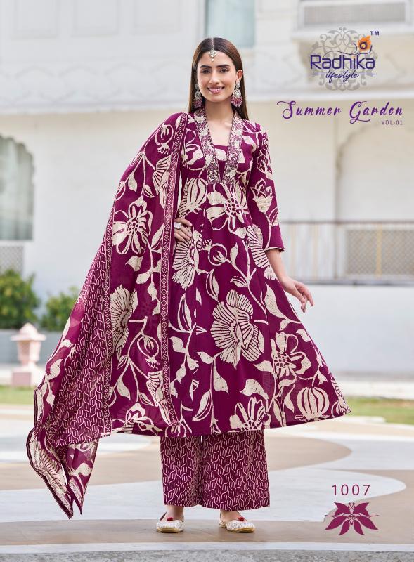 Radhika lifestyle summer garden vol 1 pure cotton top bottom dupatta ladies kurti manufacturers
