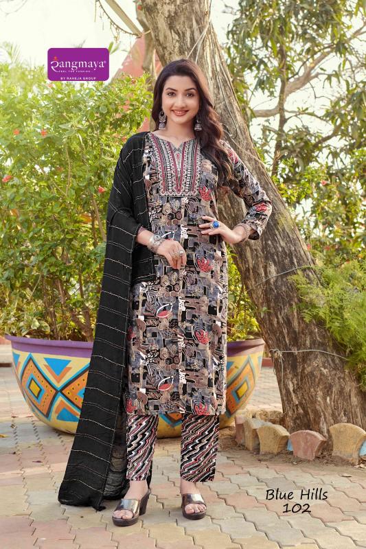 Rangmaya blue hills rayon foil top bottom dupatta branded kurtis wholesale online