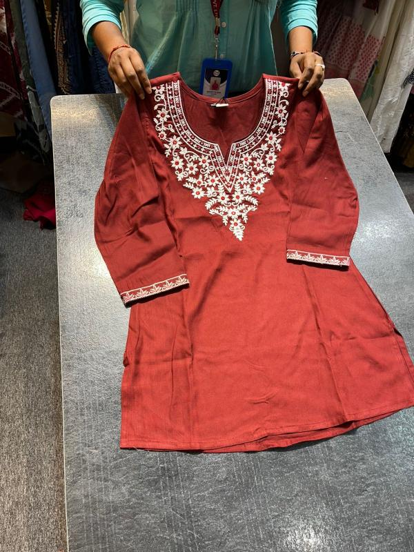 Rayon neck embroidery work short top best kurti manufacturer in india