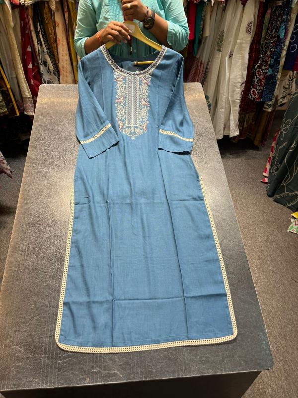 Rayon neck embroidery work straight branded kurti wholesale