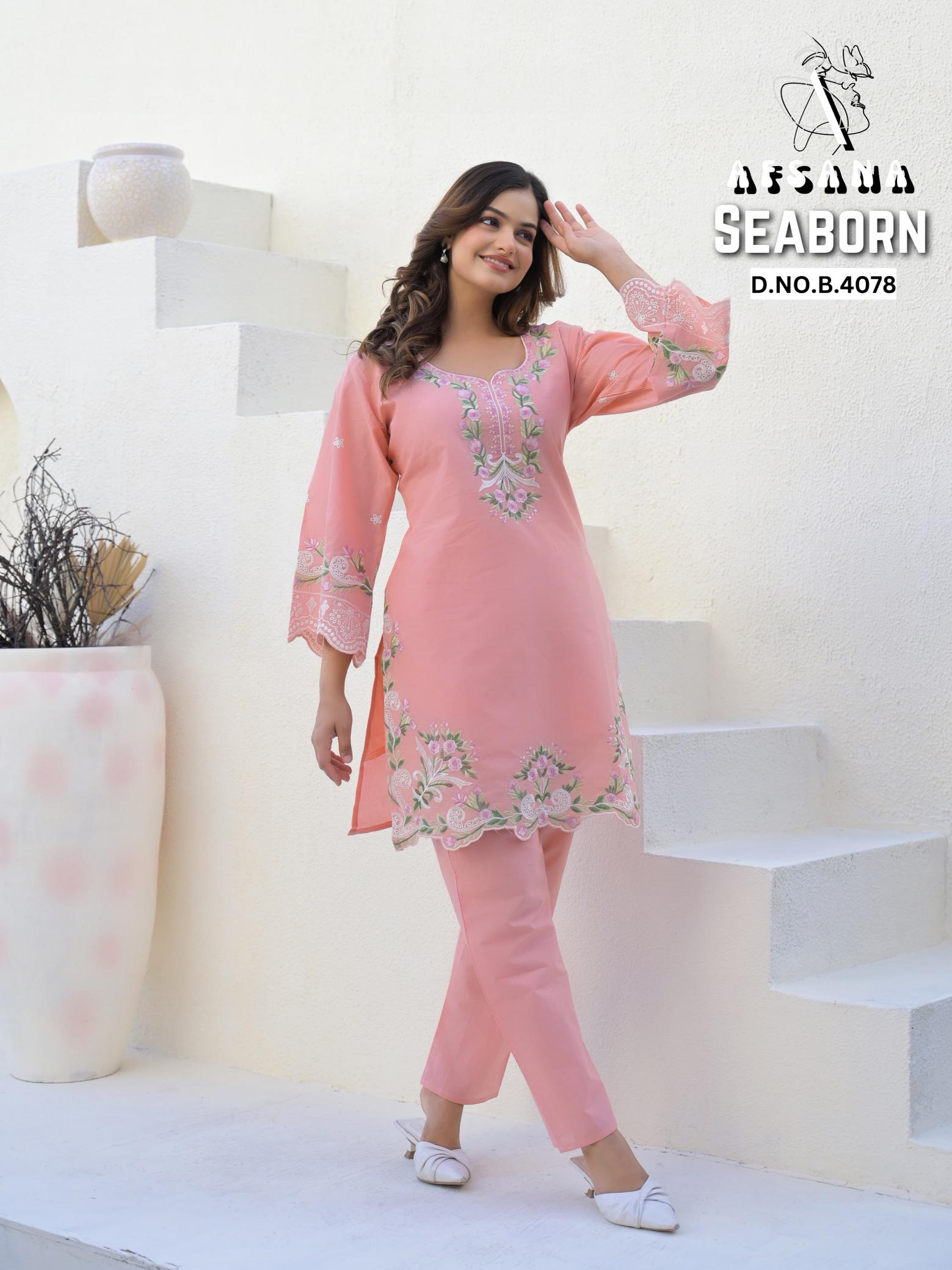Seaborn afsana cotton embroidery work cord set kurtis manufacturers
