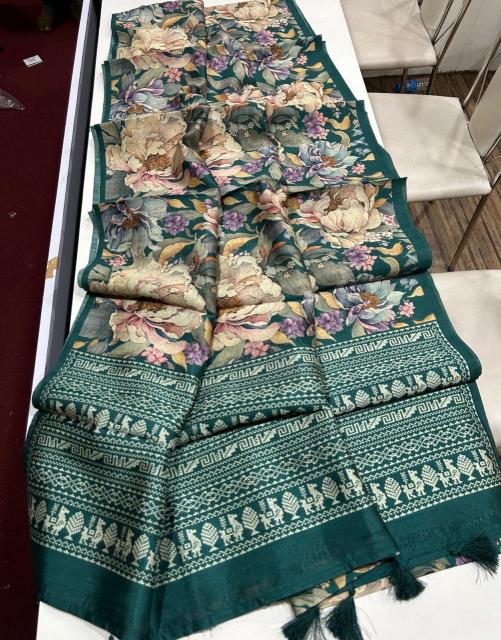 Soft smooth tussar digital print sarees & pallu with running blouse surat sarees wholesale