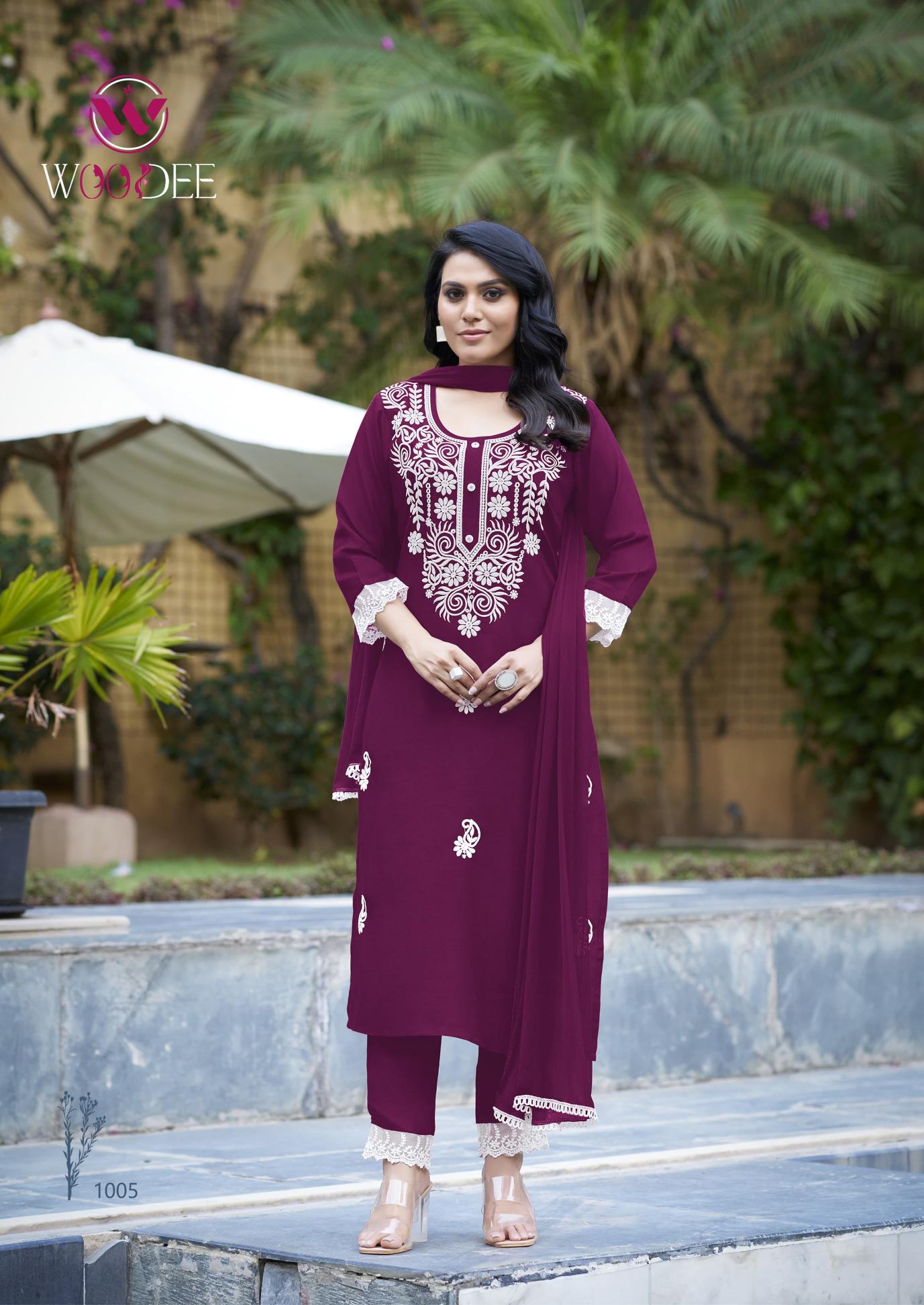 Woodee white lotus liva rayon slub top bottom dupatta kurti set manufacturer