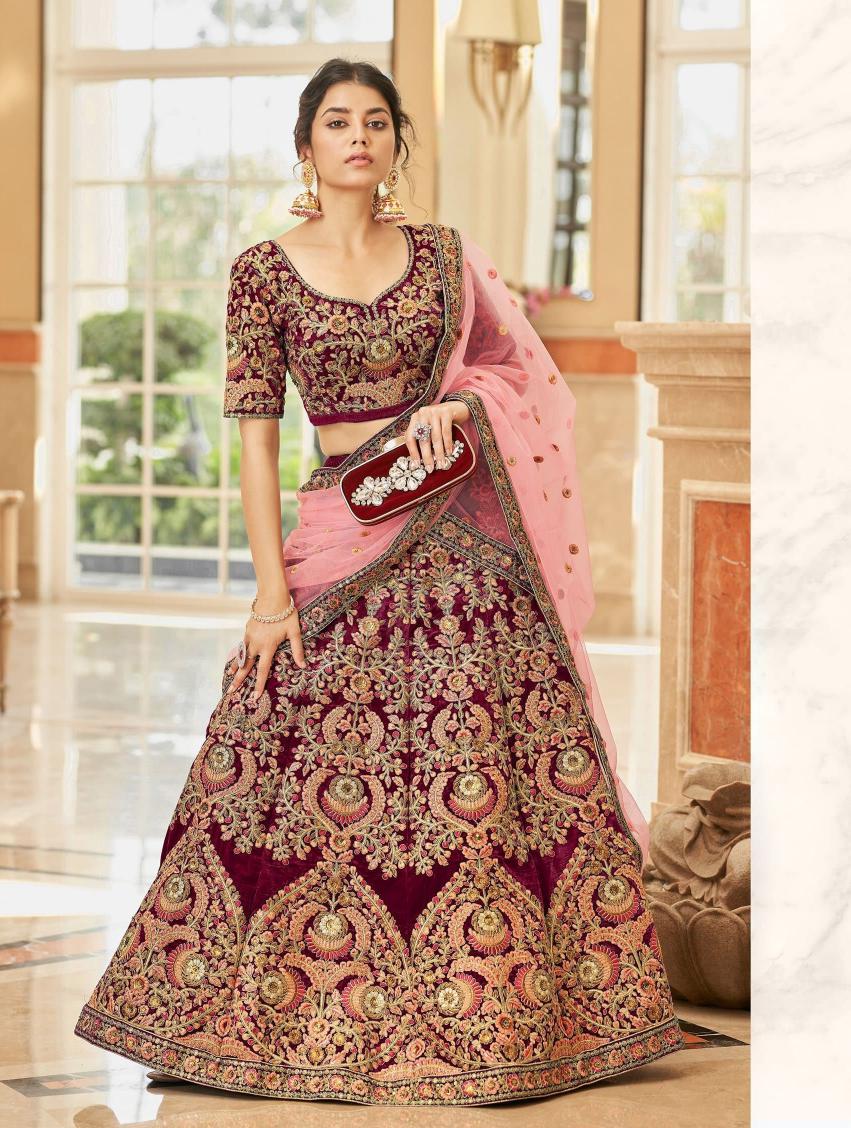 Zeel Clothing Cultural Vol-3 Maroon velvet Best lehenga choli suppliers in Surat