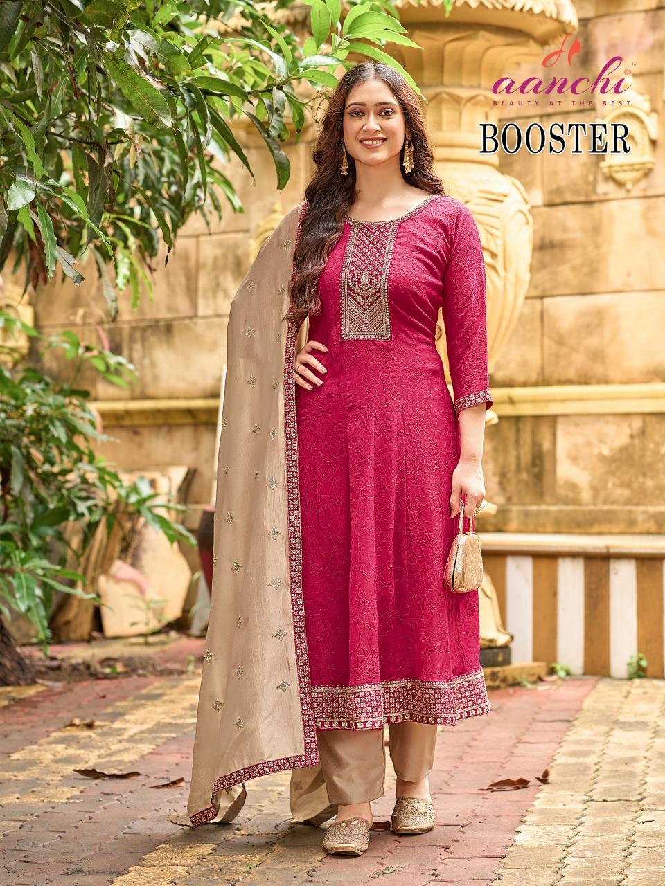 Aanchi booster fancy fabric flair 3 pcs ethnic kurtis in India