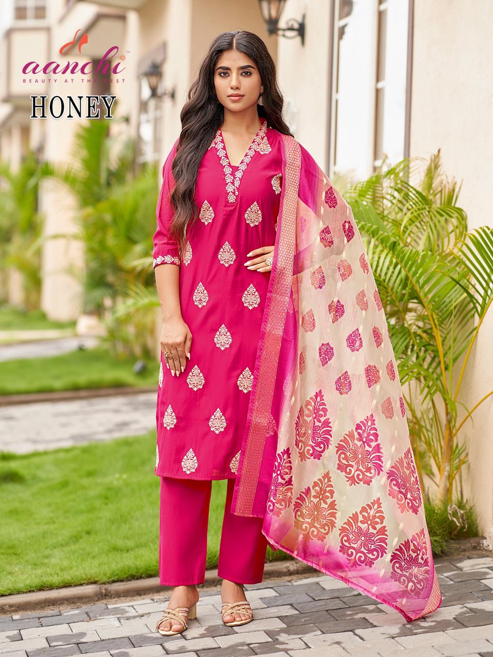 Aanchi honey roman silk 3 pcs straight kurti wholesalers in India