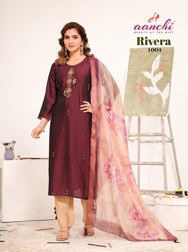Aanchi rivera rangeela silk straight 3 pcs ladies designer kurti wholesaler and manufacturer