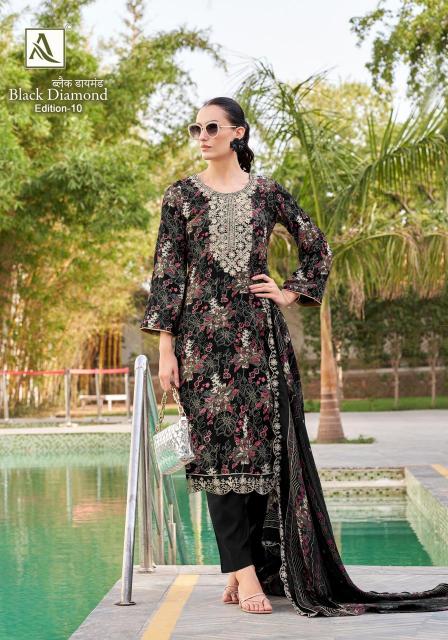 Alok suit black diamond 10 reyon discharge print catalog embroidered dress material wholesale
