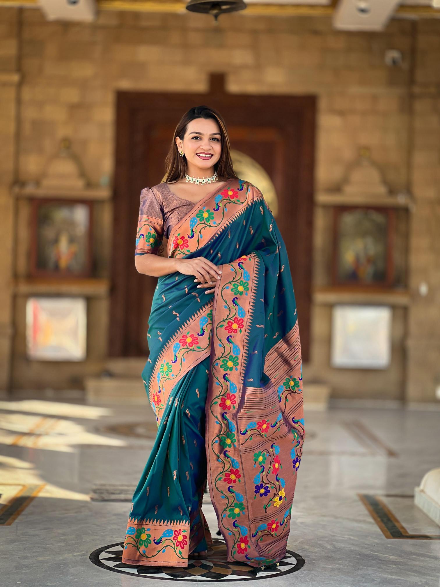 Anuradha paithani soft silk zari weawing peacock design indian saree for women