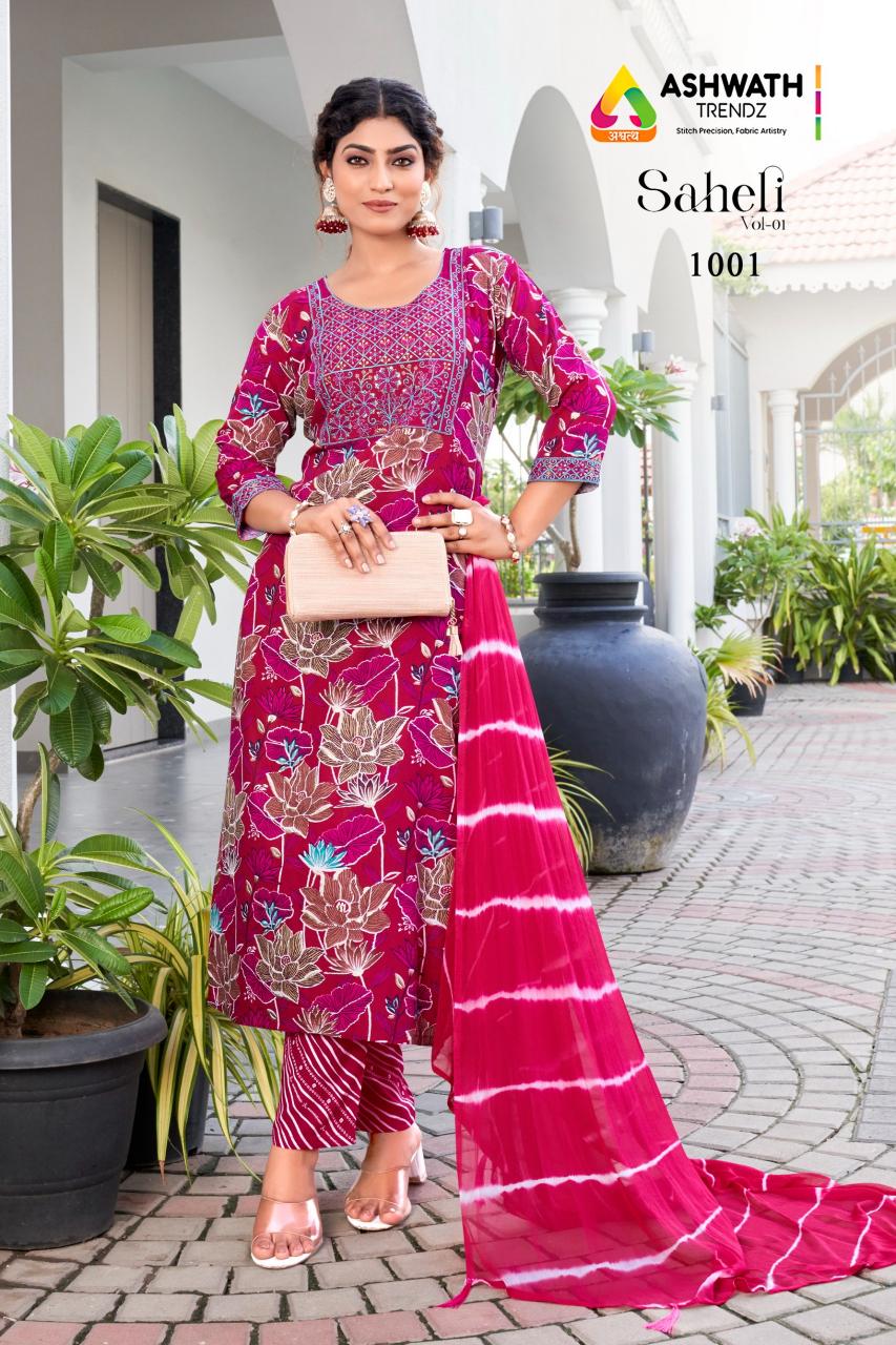 Ashwath saheli vol.1 rayon foil print top bottom dupatta kurti set manufacturer