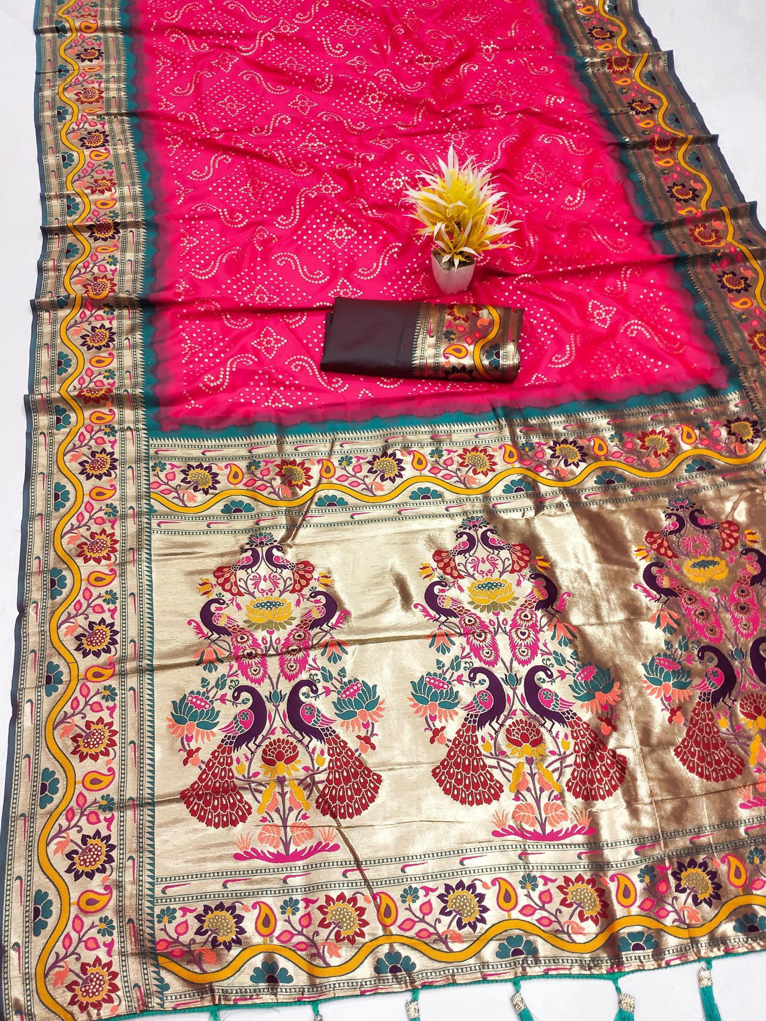 Bandhani paithani soft silk meenakari weawing rich pallu ethnic saree indian online