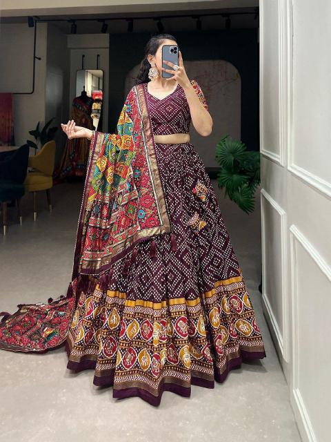 Bandhani Tussar Silk maroon Lehenga choli manufacturer in Vadodara