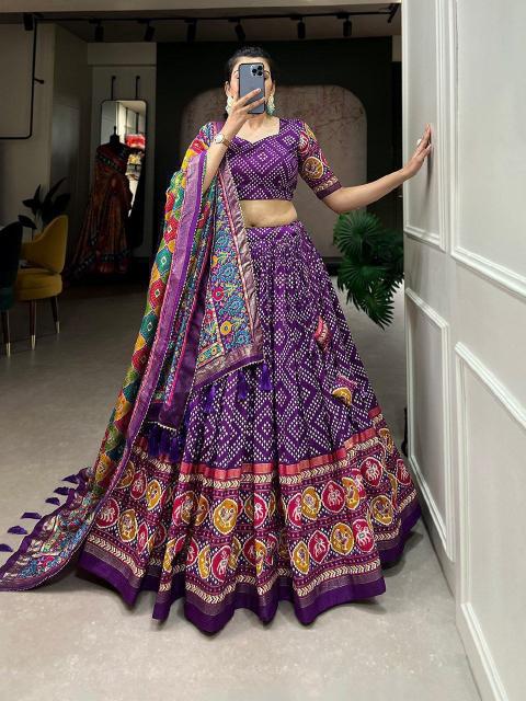 Bandhani Tussar Silk Purple Lehenga choli wholesale in Vadodara