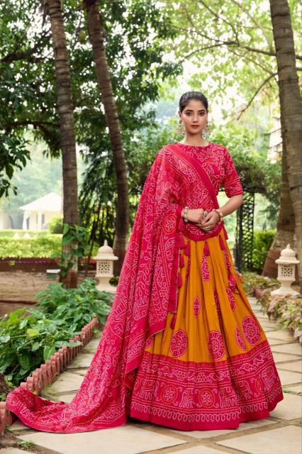 BHANDHANI 2 Dola Silk Orange Affordable lehenga choli manufacturers in Ahmedabad