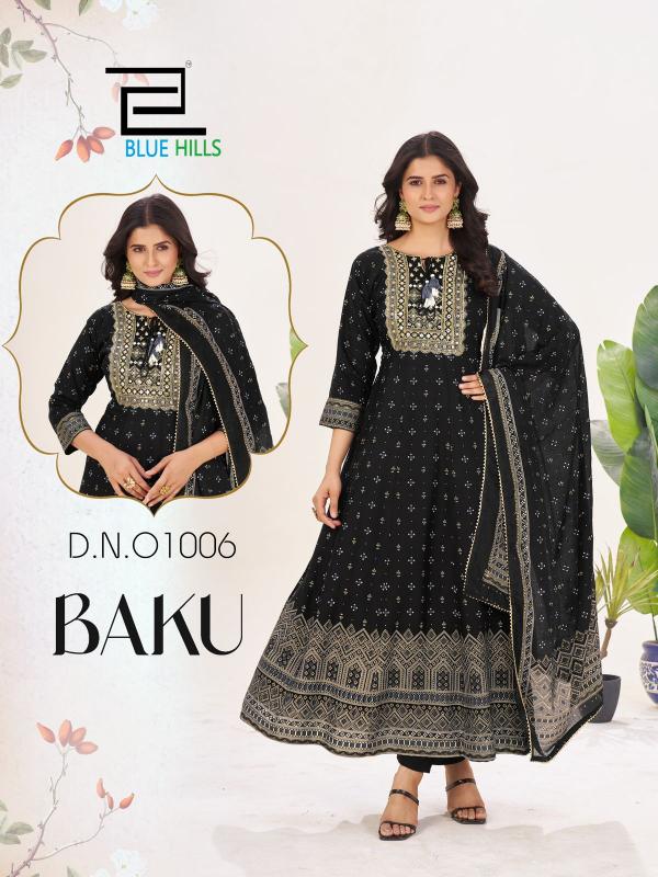 Blue hills baku rayon chanderi foil print anarkali style kurti designs in India
