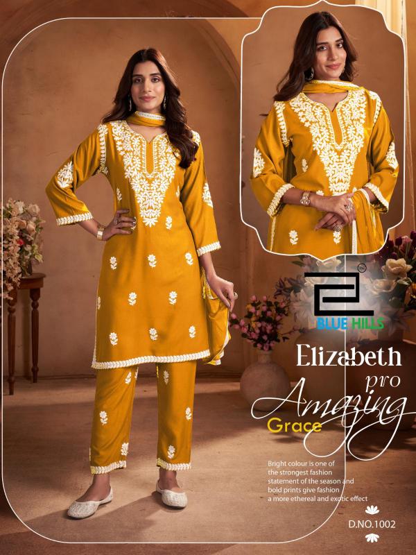 Blue hills elizabeth pro rayon with work top bottom dupatta branded kurtis wholesale