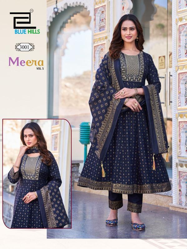 Blue hills meera vol 3 nx rayon chanderi foil print top bottom dupatta branded kurti wholesale