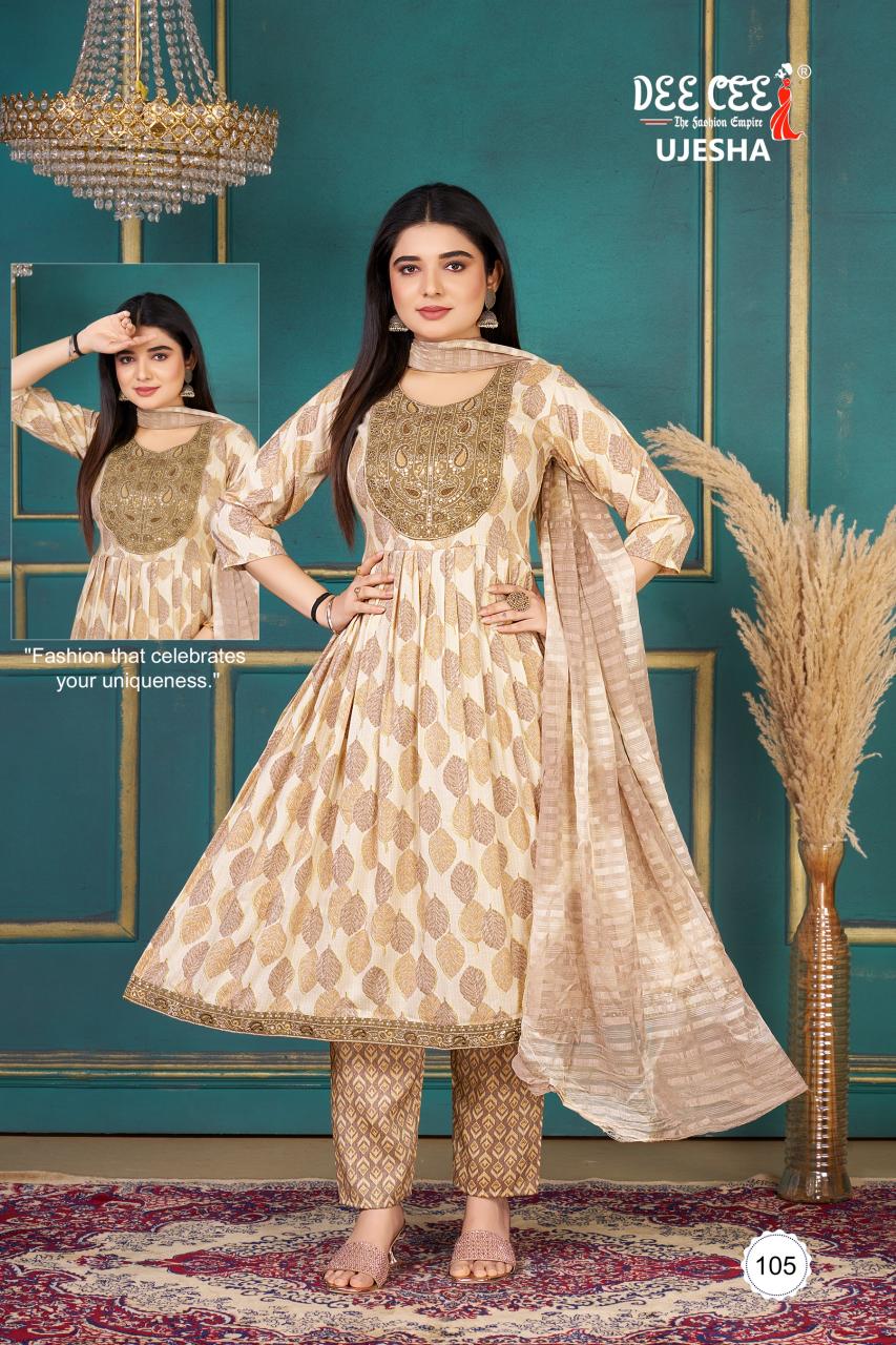 Deecee ujesha rayon foil print top bottom dupatta wholesale kurti manufacturers