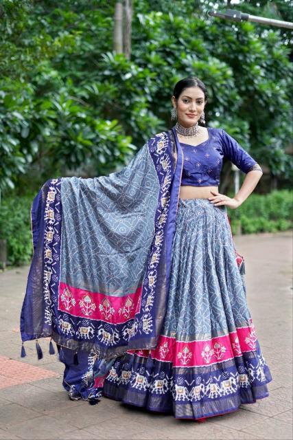Ekta bandhni Dola Silk Blue Bridal lehenga choli supplier in Gujarat