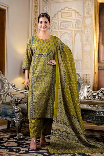 Farida gupta premium fine cotton 3 pcs jaipuri kurtis with ajrakh prints